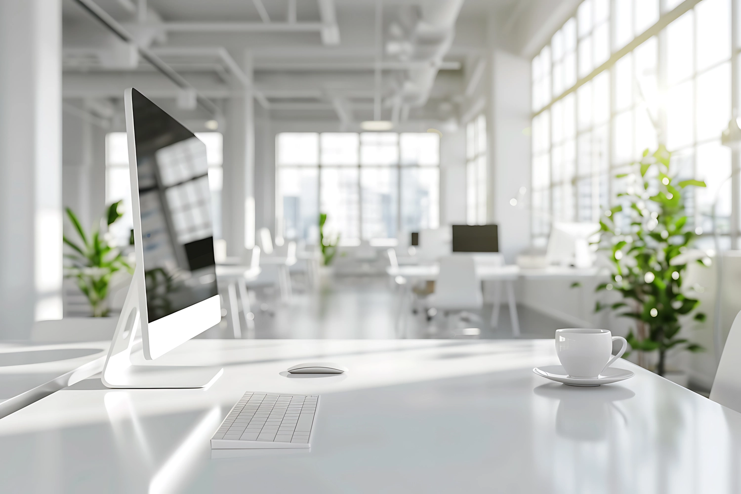Europe Cleaning Service Bernd Leibold e.K. – Helles, minimalistisches Bürointerieur mit einem eleganten weißen Schreibtisch, Computer und Kaffeetasse.